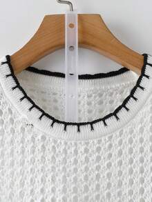 GlowEve Women's Vacation Casual Contrast Trim Sleeveless Hollow Out Knit Top - Black and White - View 3