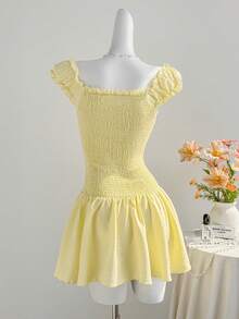 Elamini Women's Light Yellow Ruched Bust Short Sleeve Mini Dress - Light Yellow - View 2