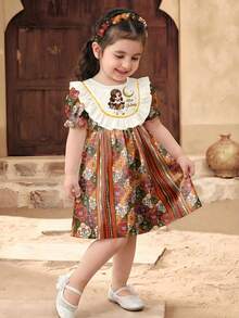 Baby Girls White Summer Boho Party Dress,Baroque Retro Plaid Floral Cartoon Star Moon Print,Luxurious Puff Sleeve Sweet Ruffle Hem Princess Dresses - Multicolor - View 4