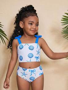 SHEIN 两件套少女几何图案针织泳衣套装 - 藍色 - 查看 3