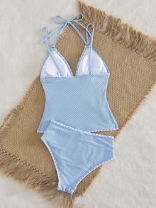 Bộ đồ bơi Tankini nữ Swim Vcay mới với chất liệu vải dệt họa tiết, đường kẻ trang trí màu đen và thiết kế xếp ly ở eo, bikini hai mảnh dành cho kỳ nghỉ. - Màu xanh lam - Xem 2