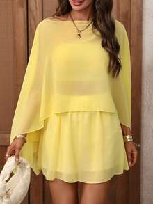 SHEIN Holidaya 女士黄色不对称肩部半透明设计短款优雅休闲两件套，适合度假、通勤、约会、海滩、派对、春夏穿着。 - 黃色 - 查看 3