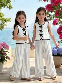 Young Girls Summer New Elegant V-Neck Sleeveless Crop Top + Pleated Loose Casual Pants 2-Piece Set, Suitable For Daily, Commuting, Outing And Vacation - White - View 4