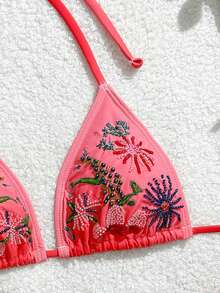 SHEIN Swim Mod Embroidered Summer New Halter Strap Women's Swimwear Ombre Floral Beaded Triangle Bikini Set, Beach Holiday Swimwear - Multicolor - View 1
