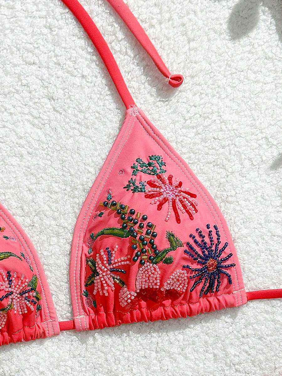 SHEIN Swim Mod Embroidered Summer New Halter Strap Women's Swimwear Ombre Floral Beaded Triangle Bikini Set, Beach Holiday Swimwear - Multicolor - View 1