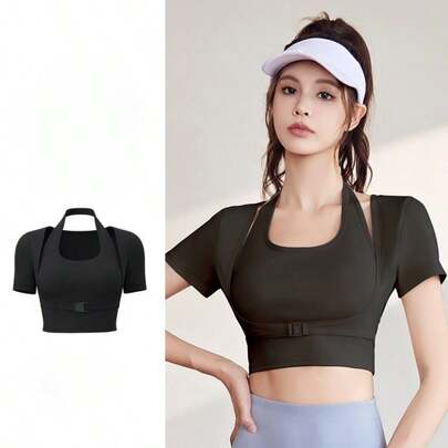 Sostén Deportivo para Mujer con Copas Integradas – Top Crop de Manga Corta con Diseño de Cremallera Frontal Ajustable, Tela Elástica y Transpirable, Ideal para Yoga, Gimnasio o Entrenamiento Diario (Colores Versátiles Disponibles)