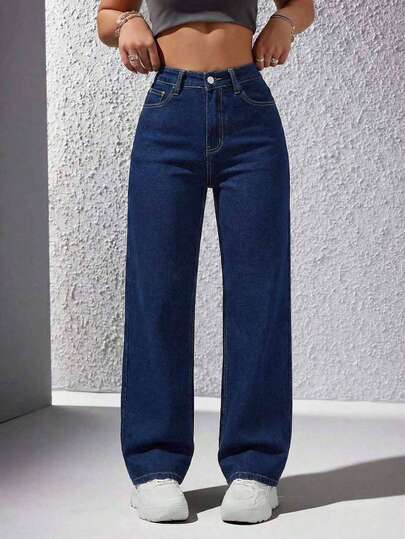 Jeanoix Pantalones vaqueros casuales y versátiles de tiro alto, con bolsillos y pierna ancha para mujer