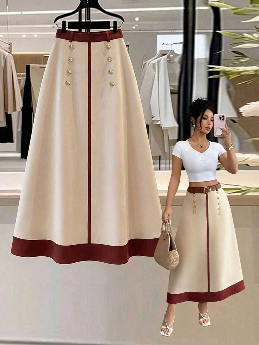 SHEIN Elenzya 女士杏色和咖啡色拼接休闲通勤百搭A字裙，前襟纽扣装饰设计，适合春、夏、秋季各种场合及办公穿着。 - 杏色 - 查看 1