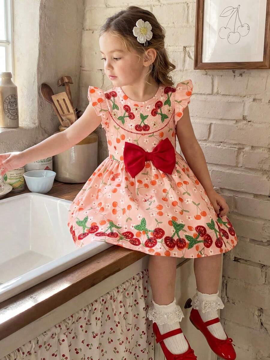 SHEIN Baby Girl Summer Vintage Floral Print Ruffled Armhole Dress With Bow Decor, Sweet And Fashionable - Multicolor - View 1
