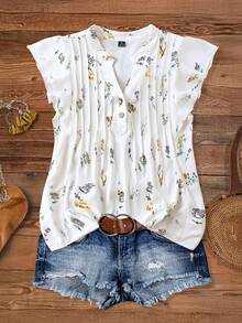 SHEIN LUNE CURVE Áo kiểu nữ cỡ lớn cổ chữ V họa tiết hoa nhí, viền bèo nhún, phong cách thường ngày. - Màu be - Xem 4