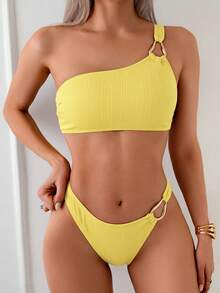 Swim Basics Set Bikini Wanita Warna Kuning Polos, Baju Renang Dua Potong untuk Liburan Pantai Santai Musim Panas, Baju Renang Bergaris Satu Bahu - Kuning - View 4