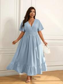 Femmeverse Plus Size Women Elegant Cap Sleeve Dress, Suitable For Beach Holiday - Blue - View 5
