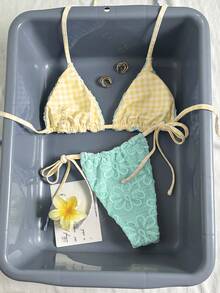 Swim Mod 女士泳装、度假和可爱比基尼、花卉棕色黄色沙滩装，适合女性外出、情人节度假、SS26夏季/西式风格、女士/俱乐部/休闲度假沙滩泳装 - 青碧色 - 查看 3