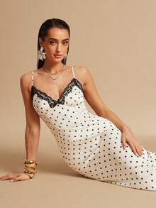 Silquee French-Style Elegant White Polka Dot Satin Dress With Black Lace Trim At The Chest; Suitable For Spring/Summer, Sexy Date Nights, Women's Clothing, Women's Summer Dresses, Afternoon Tea Party Dresses, Valentine's Day, Women's Valentine's Day Outfits, And Vacation Dresses. - Multicolor - View 5