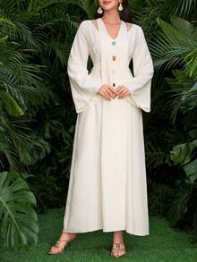 Al Najma Vestido modesto de estilo árabe con mangas largas, lazo y adornos de perlas, color albaricoque, para primavera/verano - Albaricoque - Ver 5