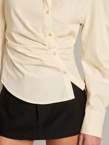 Hauture 女士秋冬/春季褶皱领不对称下摆修身衬衫 - 黃色 - 查看 6