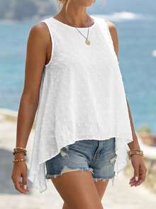 EMERY ROSE 夏季时尚白色镂空圆领不对称下摆 A 字形背心，修身版型 - 白色 - 查看 7