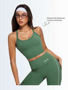 Eassivo Eassivo Women's Moss Green Strappy Crop Top, Cross‑Back Adjustable Straps, Smooth Stretch Fabric, Logo Back Detail, Yoga Top With Bra - Army Green - View 4