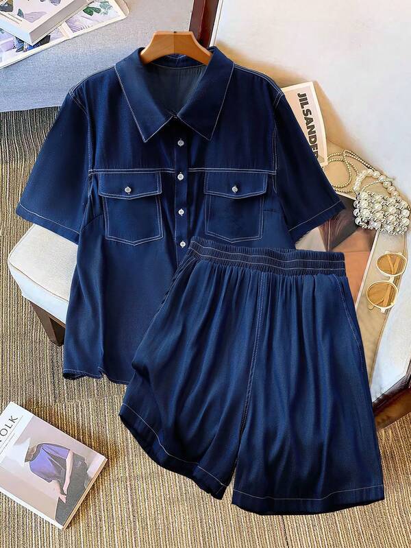GlowEve CURVE Plus Size Women's Early Spring Blue Casual Minimalist Denim-Look Shirt And Shorts 2-Piece Set