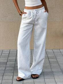 SHEIN Unity 女式高腰阔腿阔腿裤，低腰抽绳松紧腰休闲宽松舒适踝长裤 - 淺灰色 - 查看 4