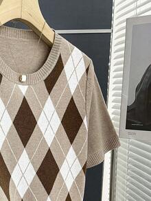 Franclia Vintage College Style Colorblock Plaid Knit Pullover Sweater For Women,White Autumn Ruffle School Back-To-School Short Sleeve Argyle Checkered Tops - Brown - View 9