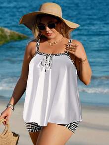 Swim Lushoire Tankini de talla grande para mujer con estampado de rayas básico, modesto, para playa y vacaciones 2026 - Blanco y Negro - Ver 5