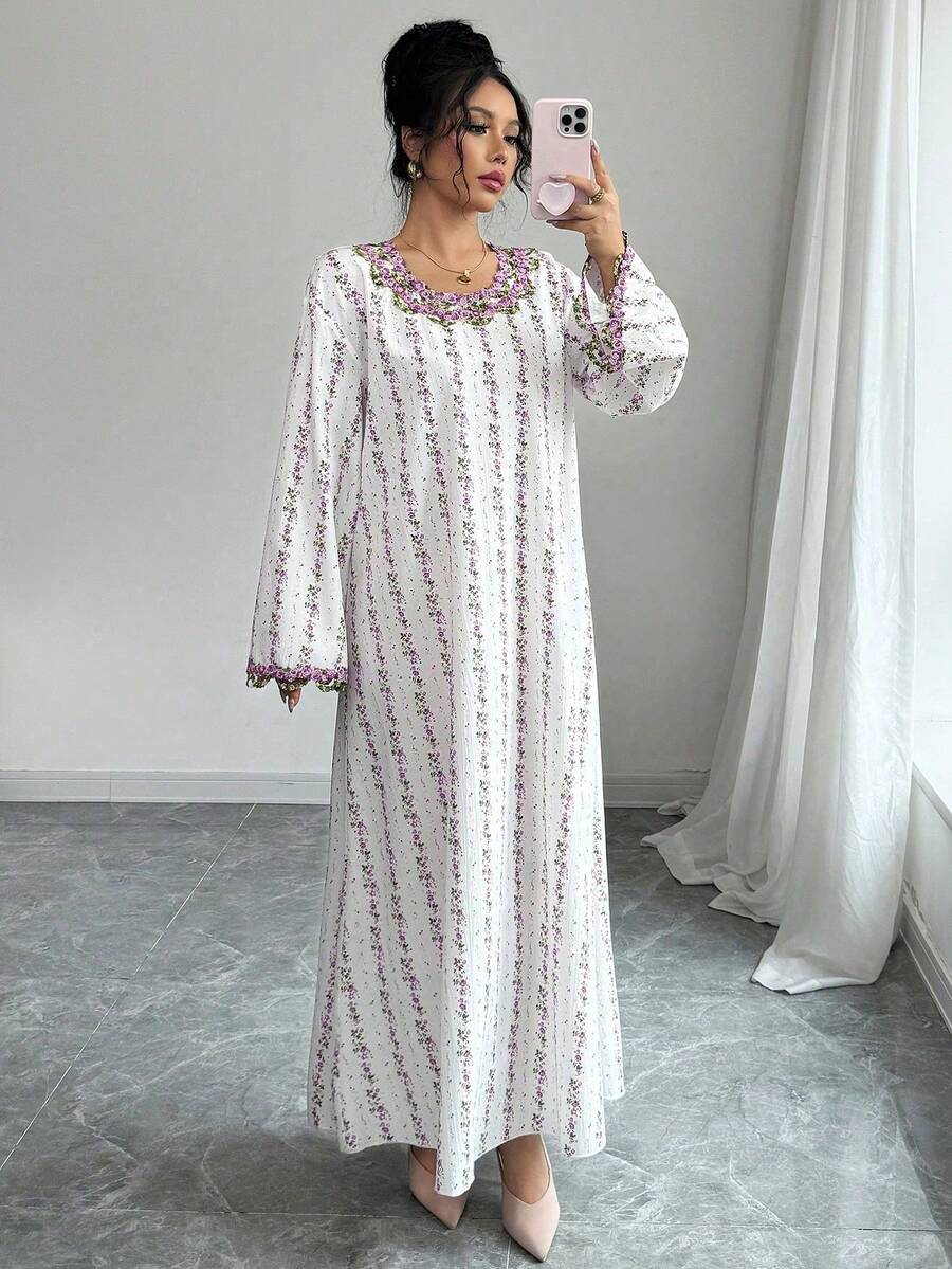 Modelyn 女士梭织印花拼接蕾丝边长袖连衣裙 - 紫色 - 查看 1