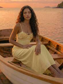 CAJUNI Embroidery Palm Tree Summer Vacation Dress Butter Yellow - Light Yellow - View 3