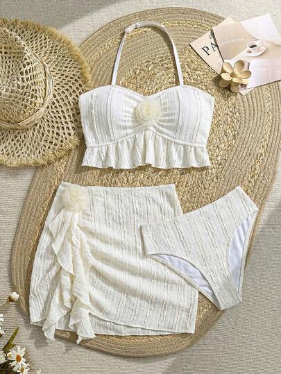 Conjunto de bikini de 3 piezas con textura de punto floral y tirantes finos para adolescentes, color blanco, adecuado para la playa, vacaciones, Hawái