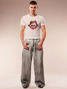 FeverCity Men's Rhinestone Lip Print Round Neck Short Sleeve T-Shirt - White - View 4