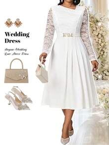 Fleurora 大码女式撞色蕾丝不对称领优雅连衣裙 - 白色 - 查看 6