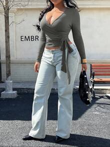 Easura Plus Size Women V-Neck Cotton Casual Criss-Cross Design Long Sleeve Top Wrap Tops For Women Deep V Neck Top Tops For Women Sexy Twist Front Top Long Sleeve Tops For Women - Dark Grey - View 6