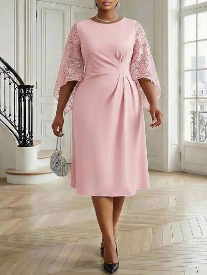 Fleurora 大码优雅纯色蕾丝拼接连衣裙