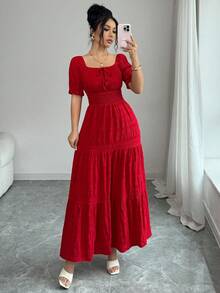 Elenzga Women's Elegant Waist Tie Petal Sleeve Dress, Summer - Red - View 1