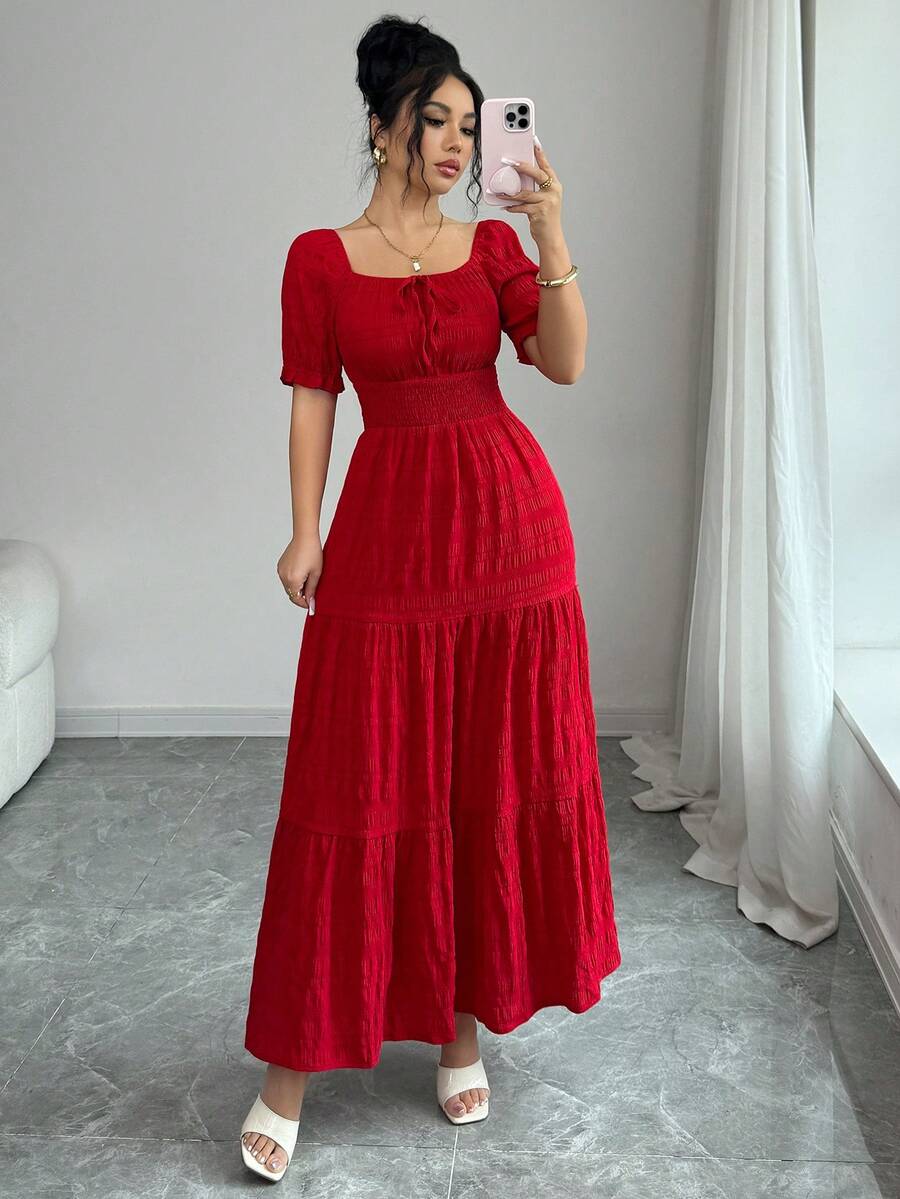 Elenzga Women's Elegant Waist Tie Petal Sleeve Dress, Summer - Red - View 1