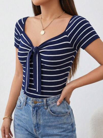 DUKEZA Blusa Casual De Rayas con escote y nudo  delantero Para Mujer