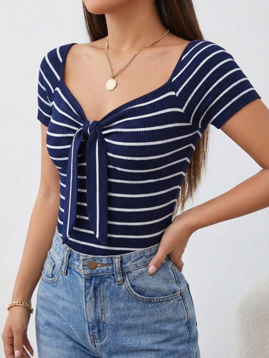 Blusa Casual De Rayas con escote y nudo  delantero Para Mujer - azul y blanco - Ver 1