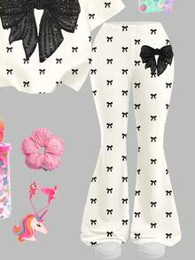 SHEIN Bộ đồ cho bé gái gồm 1 áo thun lưới đính sequin thắt nơ phía trước và 1 quần ống loe. - Nhiều màu - Xem 6