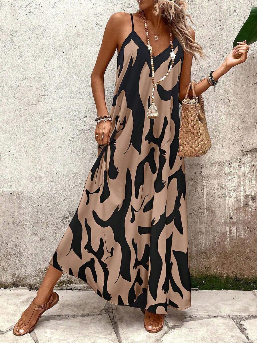 SHEIN PETITE Đầm suông dáng chữ A in hoa thoải mái đi nghỉ và thường ngày không tay cho nữ - Nhiều màu - Xem 1
