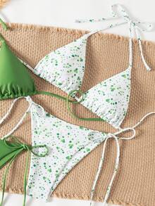 Swim Mod 两件套女士挂脖式碎花比基尼泳衣，简约风格，适合海滩度假 - 彩色 - 查看 5