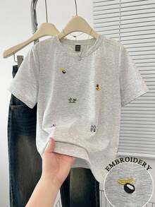 GlowEve Women's Casual Sports Style Spring/Summer New Vacation Pattern Embroidery Round Neck Loose Relaxed Vacation T-Shirt - Grey - View 1
