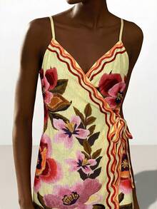 CAJUNI Summer Women Bohemian V-Neck Floral Print Short Dress Sleeveless Beach Vacation Mini Dresses, Flower Print Dress - Yellow - View 6