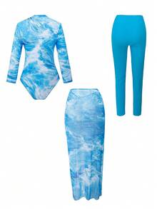 Swim Mulvari Blue & White Long Sleeve, Long Pants, Skirt 3-Piece Starfish & Wave Print Casual Beach Swimwear For Women, Spring/Summer - Blue and White - View 5
