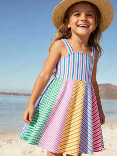 SHEIN Vestido casual sin mangas de cuello redondo con bloques de color y rayas tejidos para niña joven