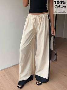 Siren Gaze 女士撞色亚麻直筒裤，棉质长裤 - 杏色 - 查看 5