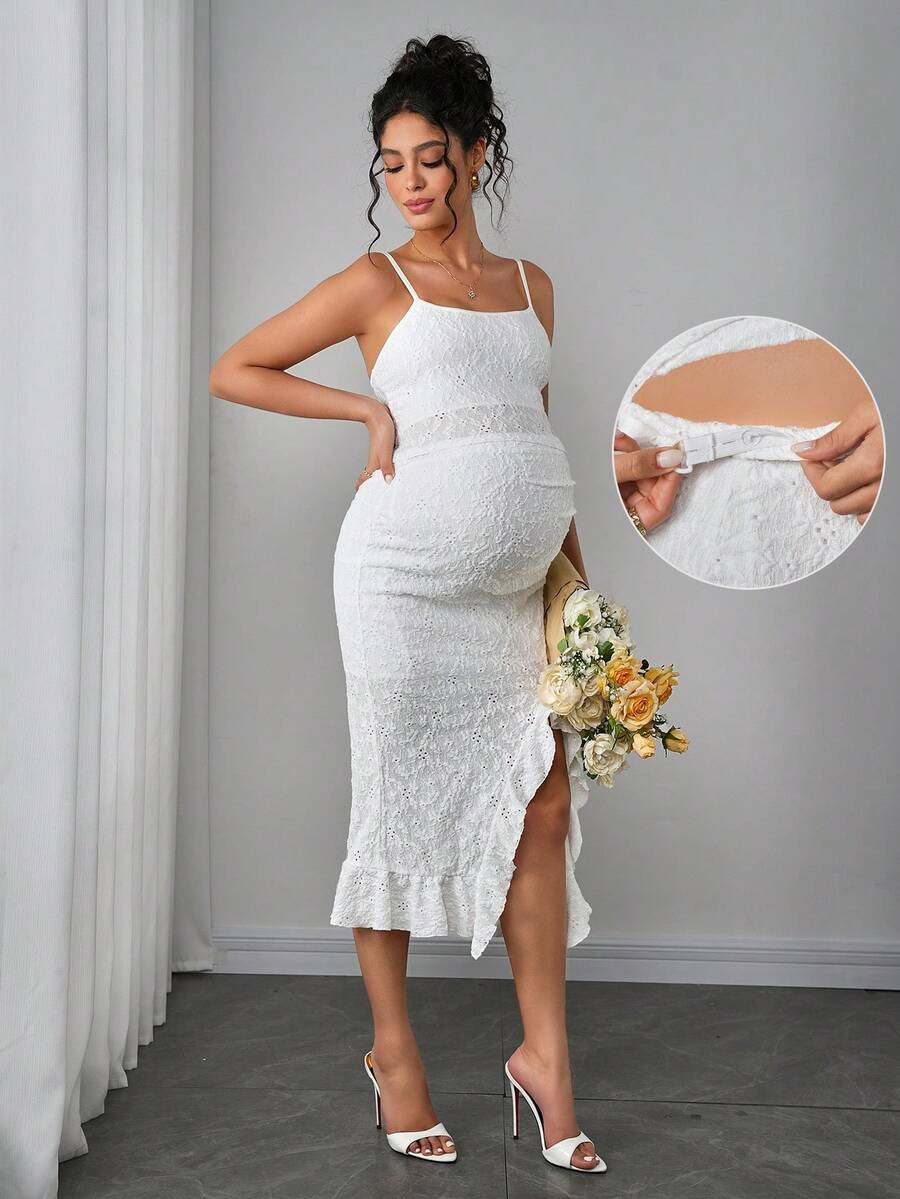 Momance Maternity Embroidered Camisole Top And Adjustable Waist Split Skirt 2 Pieces Set, Fashionable For Dates And Outings - White - View 1