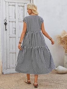 EMERY ROSE 女士休闲格子纽扣荷叶边连衣裙，夏季 - 黑與白 - 查看 2