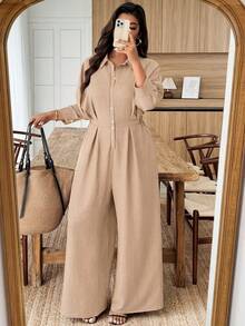 Weeklong Plus Size Women's Collared Jumpsuit With Ruffle Mid-Sleeve, Waist Cinched, Casual & Office Wear - Khaki - View 1