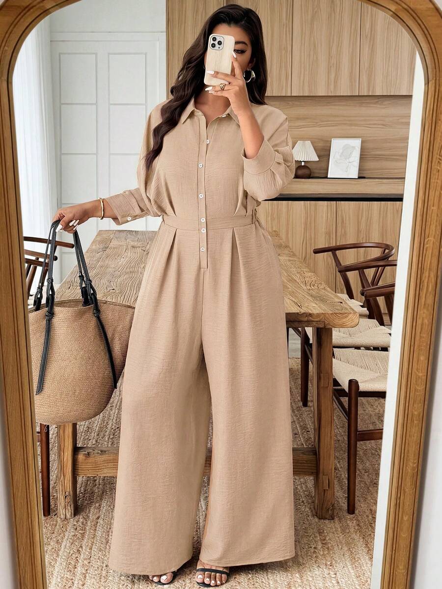 Weeklong Plus Size Women's Collared Jumpsuit With Ruffle Mid-Sleeve, Waist Cinched, Casual & Office Wear - Khaki - View 1