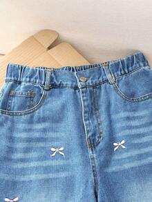 Teen Girl Summer Jeans, Fashion Streetwear Style Bow Embroidery Detail Loose Non-Stretch Snowflake Wash Relaxed Straight Leg Denim Pants - Blue - View 8